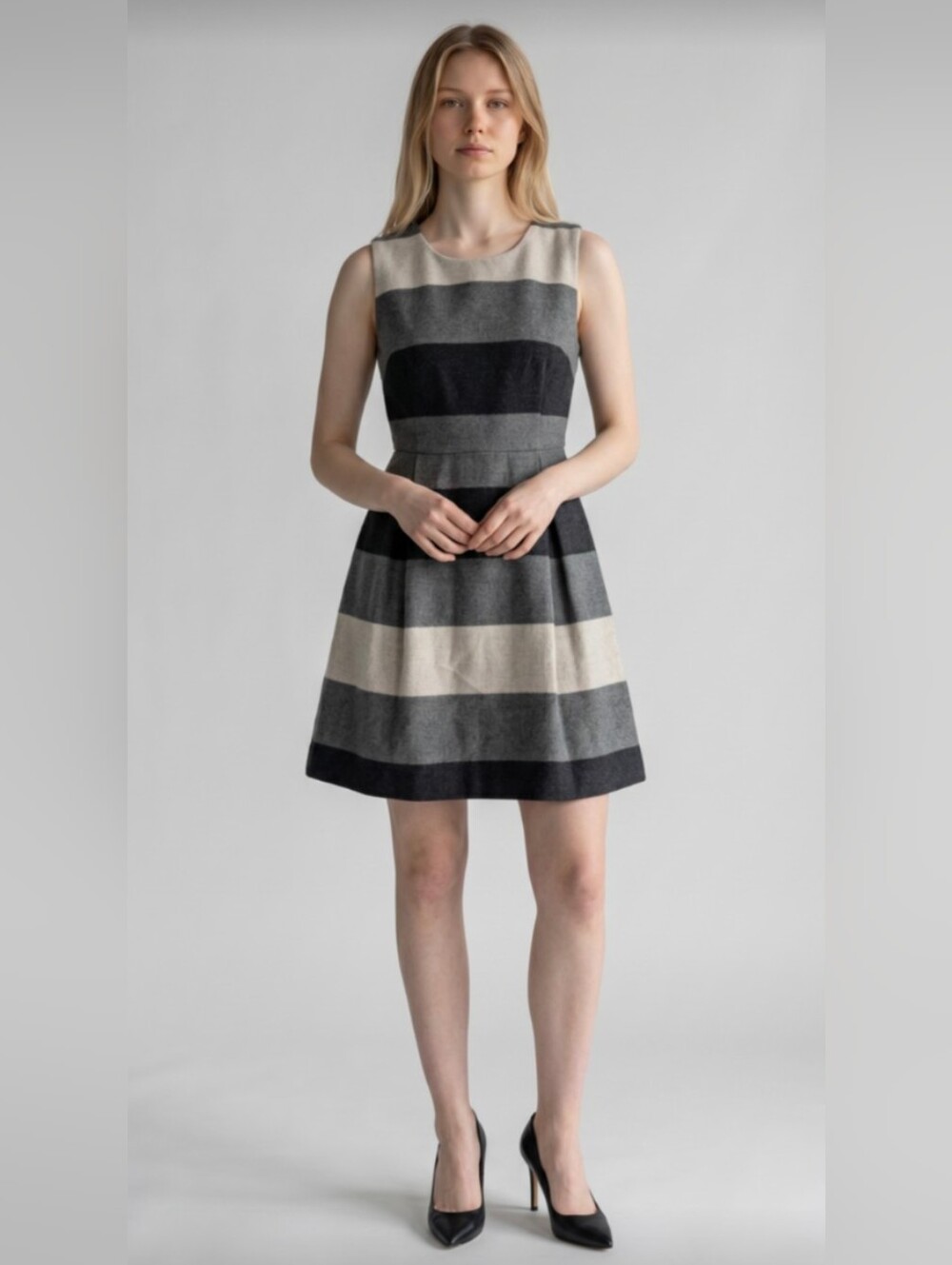 41 HAWTHORN! BLACK, GRAY, ASH CREAM STRIPED, WOOL BLEND SHIFT DRESS! SZ M